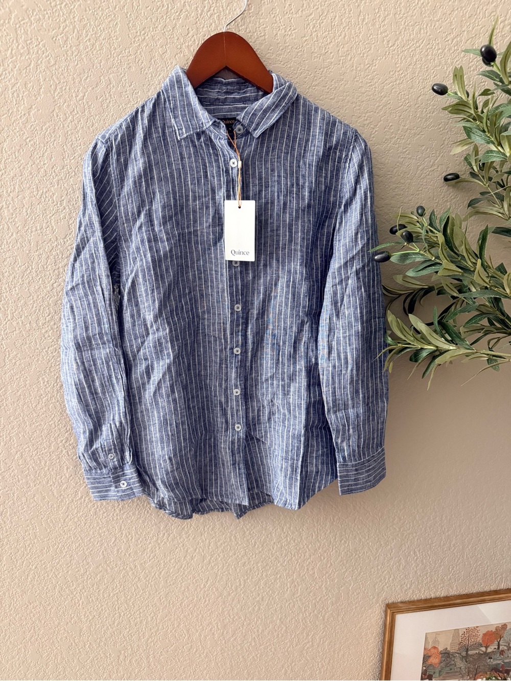 Quince Men's Navy and White Striped Linen Button-Down Shirt